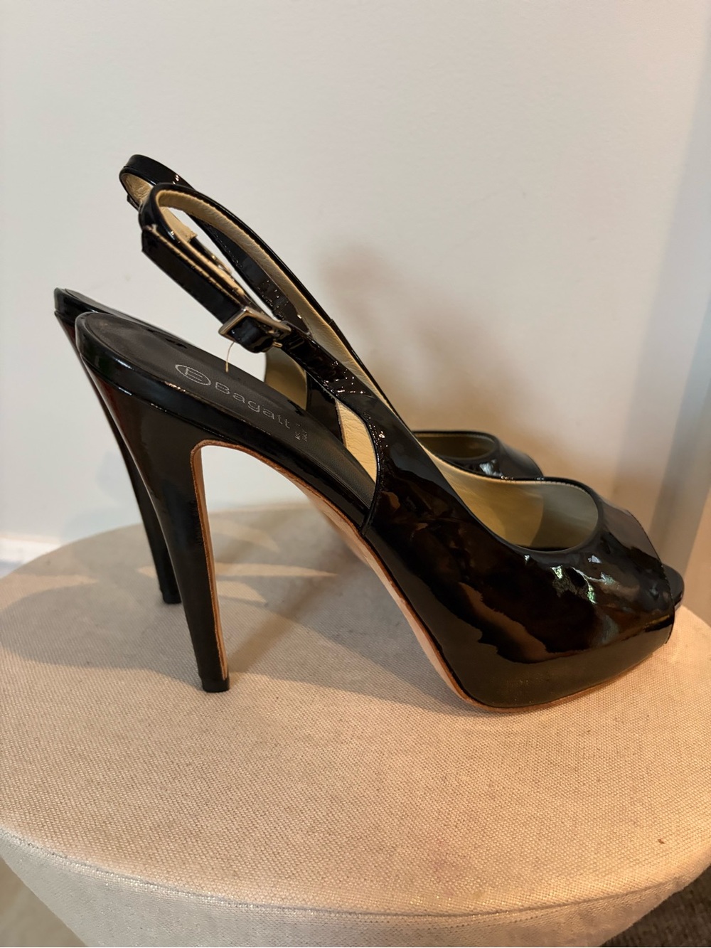 BAGATT Black Patent Peep-Toe Slingback High Heels